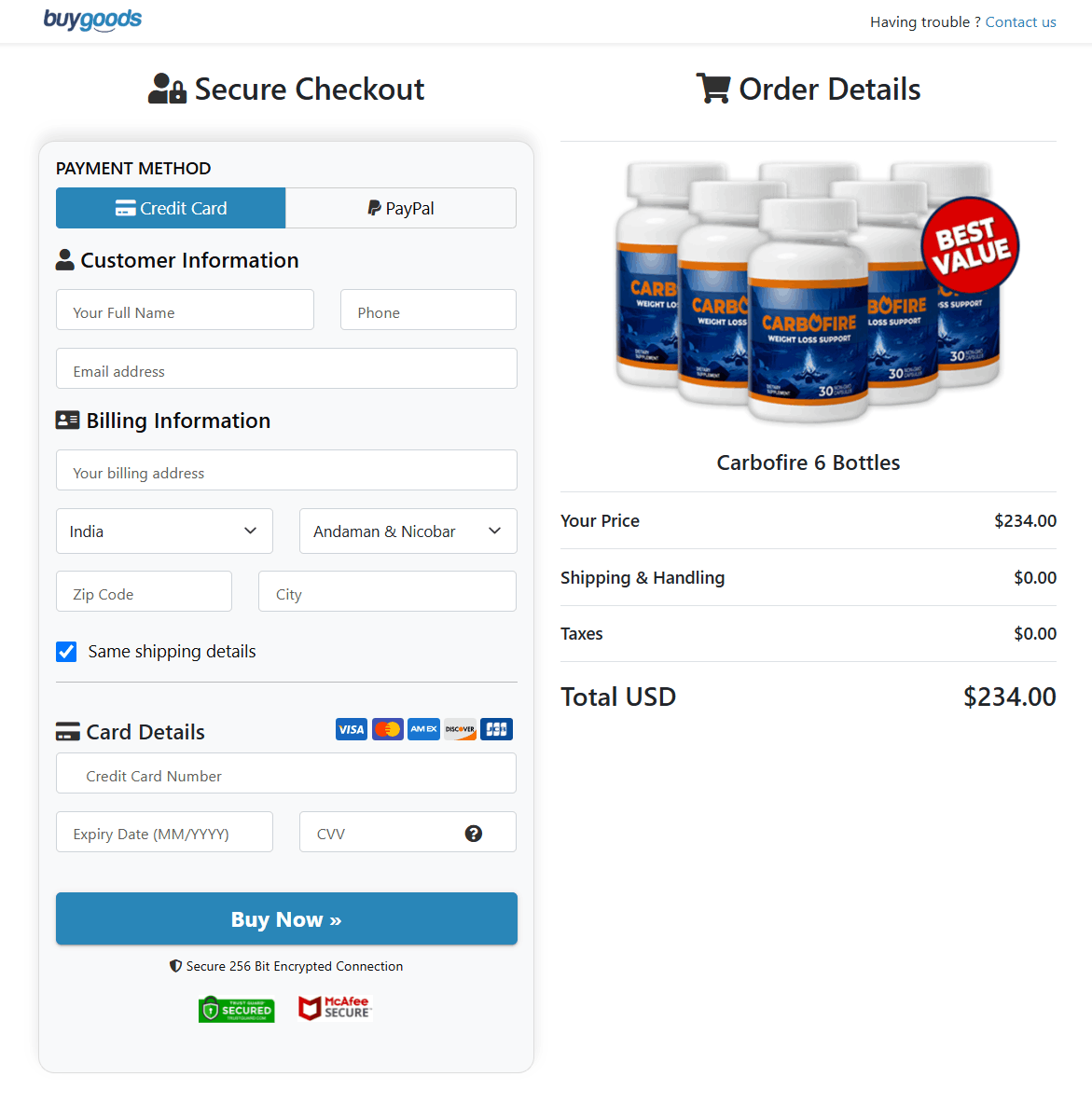 CarboFire Secured Order Page